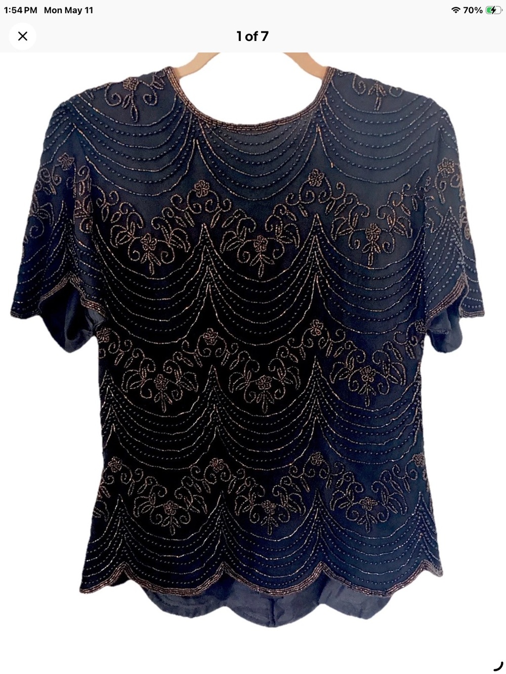 Papell Boutique Black Beaded Scalloped Hem Top